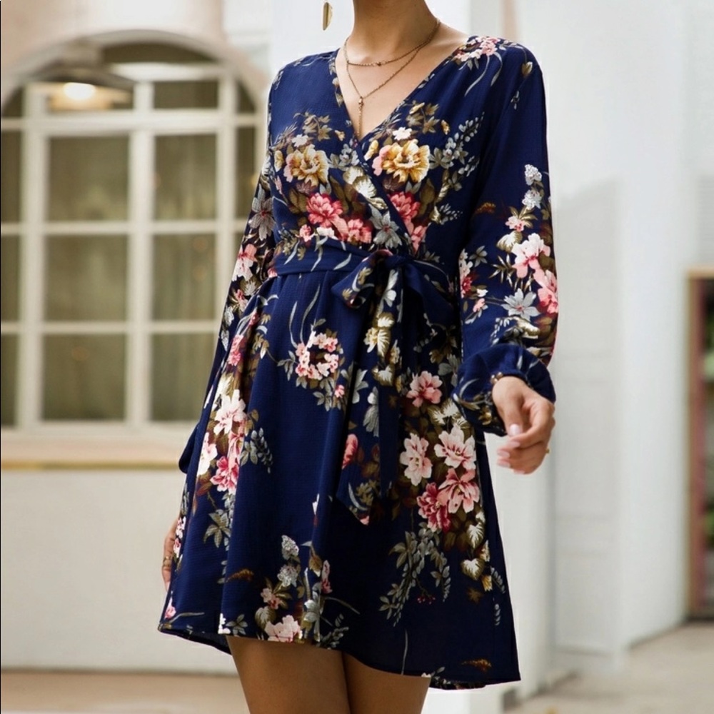 Long Sleeve Navy Floral Dress.